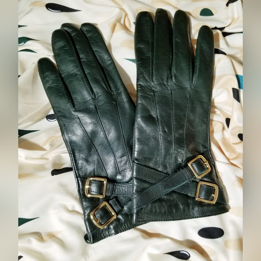 Coach Forest Green Leather Gloves, Decorative Gold Buckles, & Cashmere Lining 8